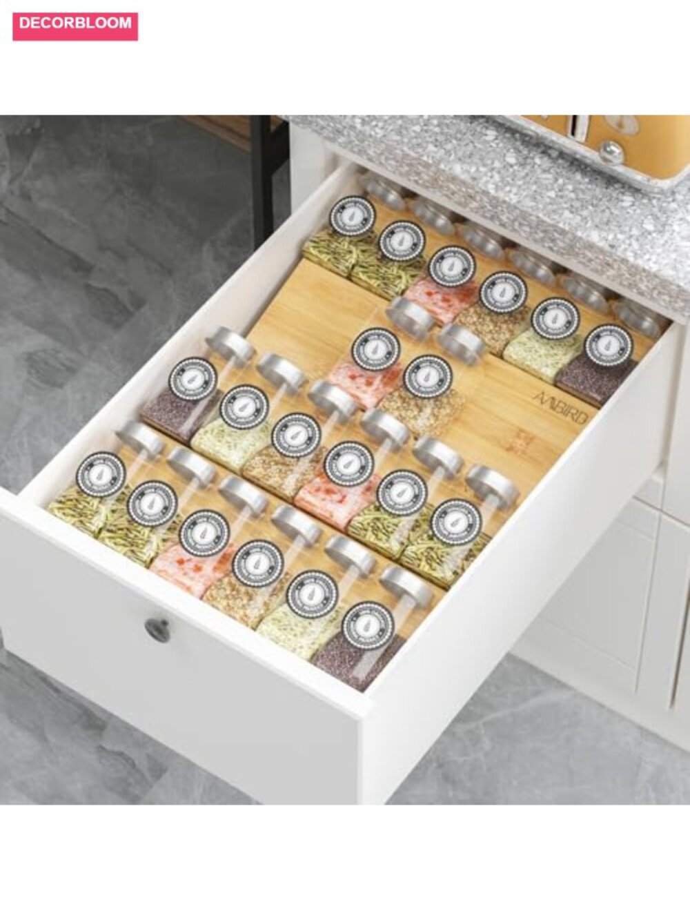 Bamboo 4-Tier Spice Rack Drawer Organizer with Non-Slip Mat